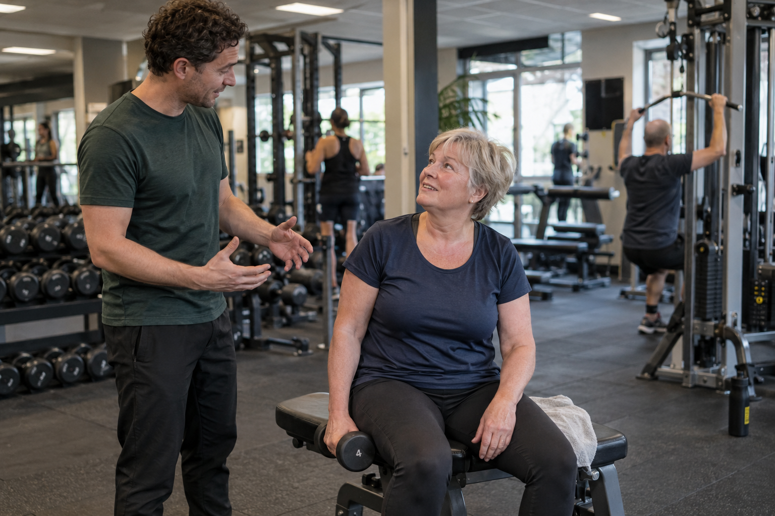 Trainer begeleidt een bezoeker in de fitnessclub