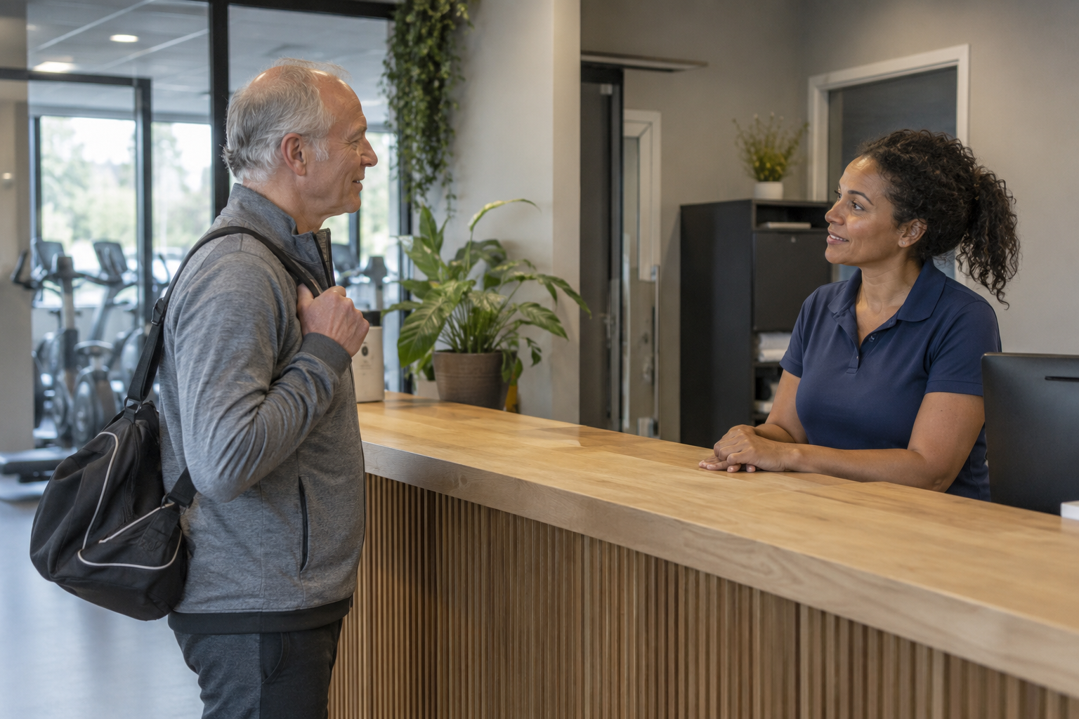 Bezoeker bij de receptie van een sportcentrum